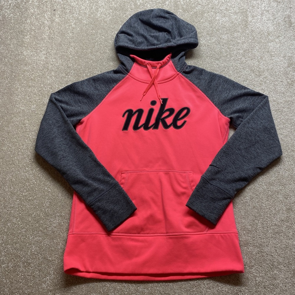 Nike Hoodie Mens Medium Pink Gray Therma Fit Pullover Sweatshirt Athletic Logo